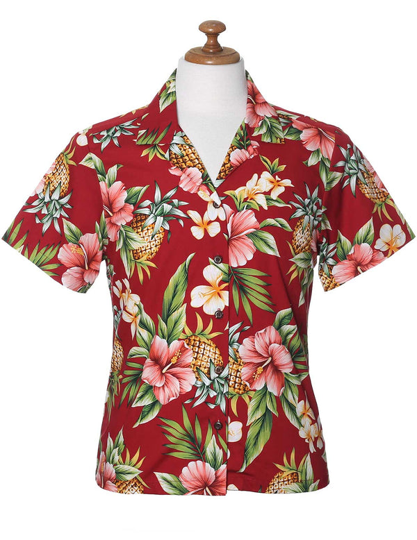 Hibiscus Pineapples Valley Camp Shirt for Women Red
