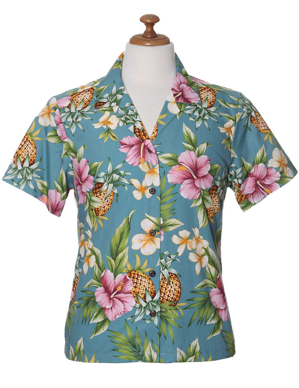 Hibiscus Pineapples Valley Camp Shirt for Women Slate