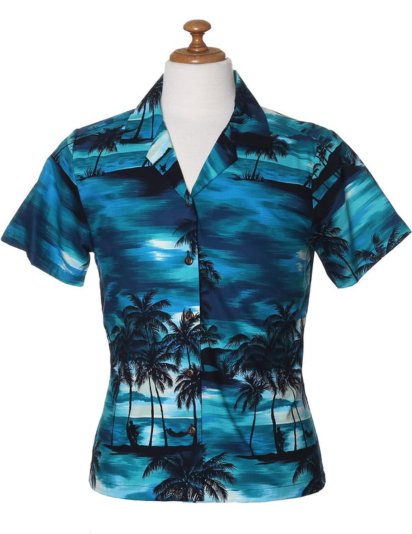 Island Sunset Paradise Women Camp Shirt Turquoise