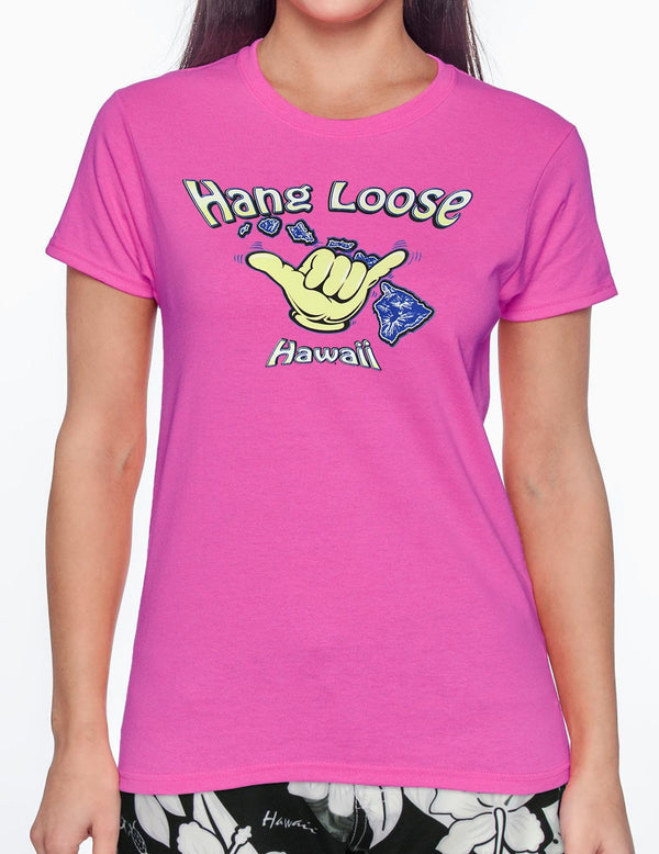 Women T-Shirt Hang Loose Hawaii Pink Shaka Time Hawaii
