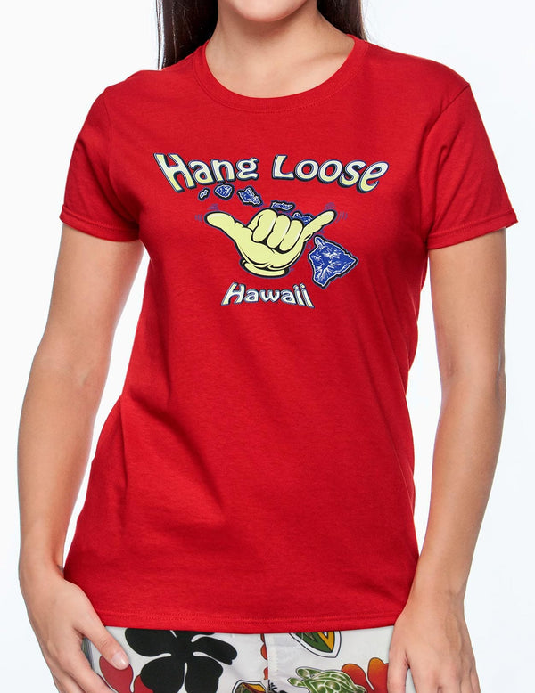 Women T-Shirt Hang Loose Hawaii Red Shaka Time Hawaii