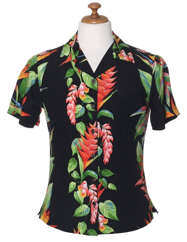 Women's Camp Hawaiian Shirt Birds of Paradise Black