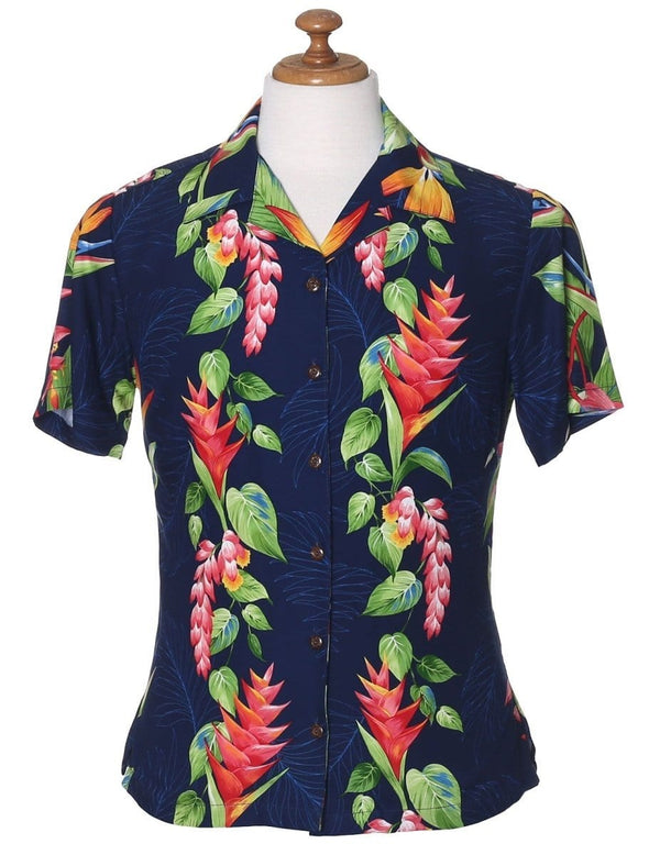 Women's Camp Hawaiian Shirt Birds of Paradise Navy