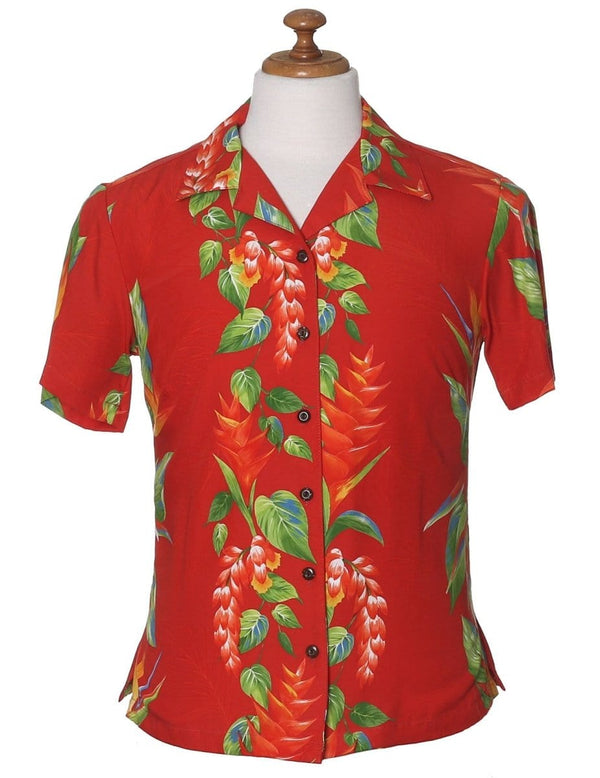 Women's Camp Hawaiian Shirt Birds of Paradise Red