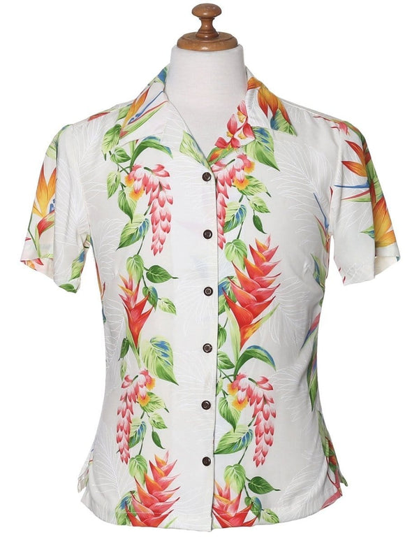 Women's Camp Hawaiian Shirt Birds of Paradise White