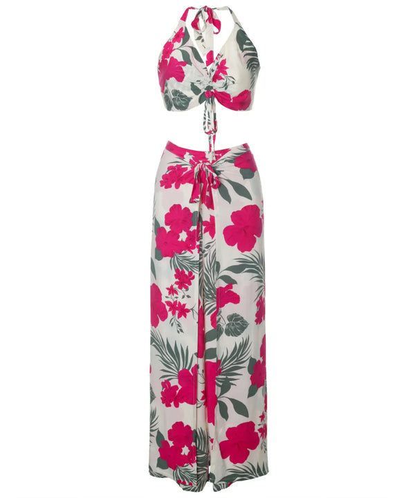 Tropical Hibiscus Two-Piece Set Halter Adjustable Top & Wide Leg Pants One-Size Pink One size