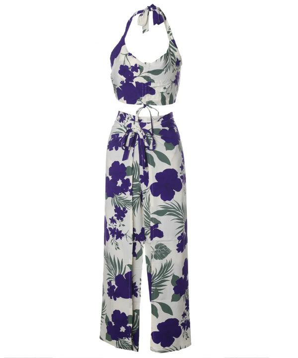 Tropical Hibiscus Two-Piece Set Halter Adjustable Top & Wide Leg Pants One-Size