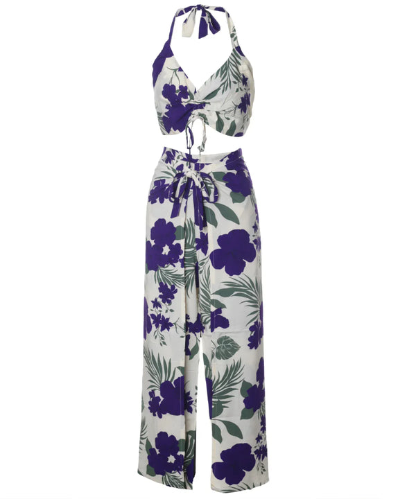 Tropical Hibiscus Two-Piece Set Halter Adjustable Top & Wide Leg Pants One-Size Purple One size