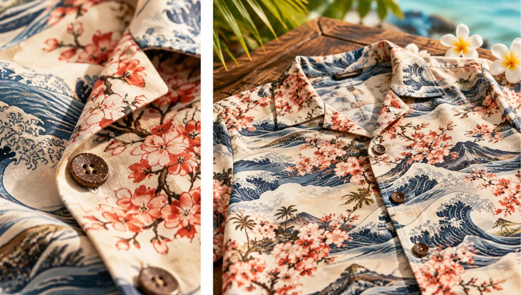 Aloha shirt fabric with a Japanese-inspired red wave and blossom print