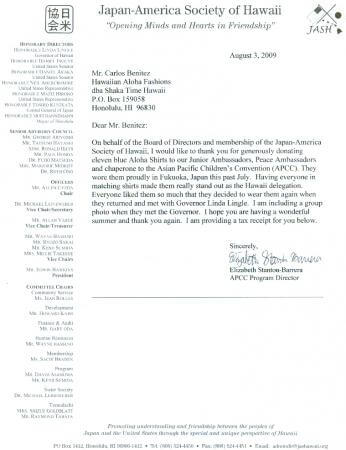 THANKS LETTER FROM JAPAN AMERICA SOCIETY - Shaka Time Hawaii