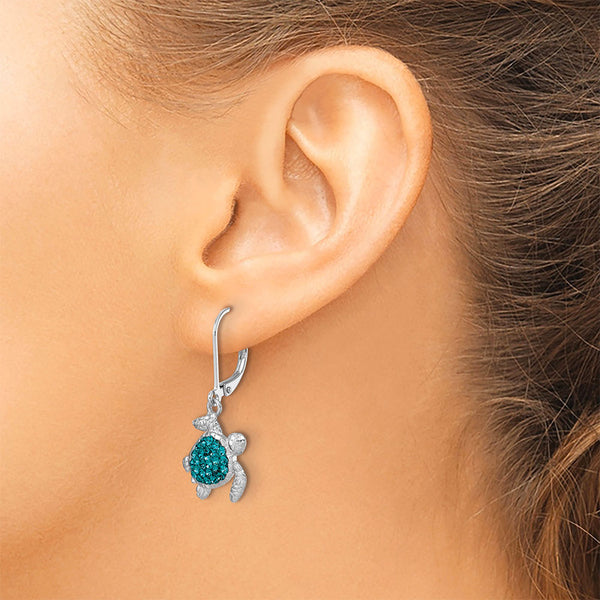 Sterling Silver Polished Blue Crystal Turtle Dangle Leverback Earrings