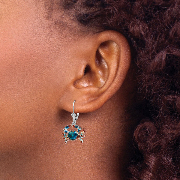 Sterling Silver Enameled Blue Crab Leverback Earrings