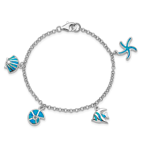 Sterling Silver Created Opal Fish and Shells Charm 7.25 inch Bracelet