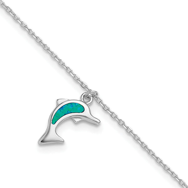 Sterling Silver Created Opal Dolphin 9 inch with a 1-inch extension Anklet