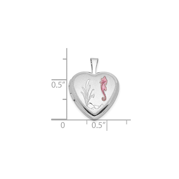Sterling Silver Satin Polished Sea Horse 16mm Heart Locket