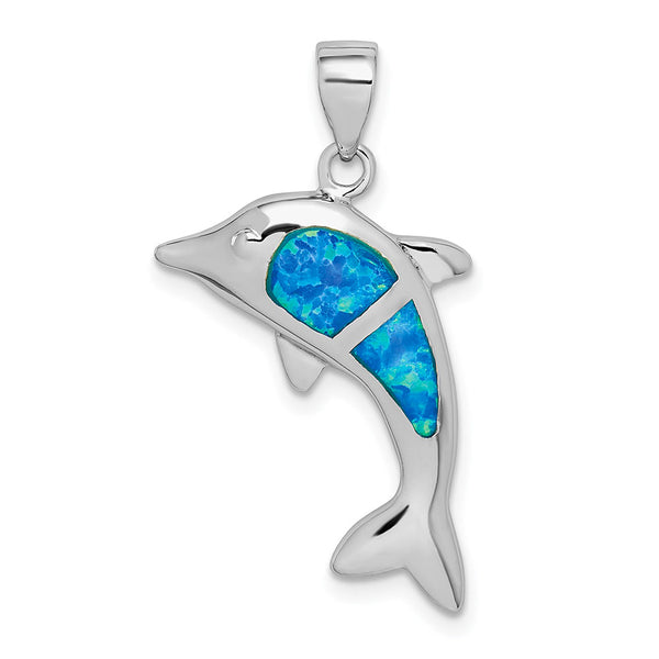 Sterling Silver Blue Created Opal Dolphin Pendant