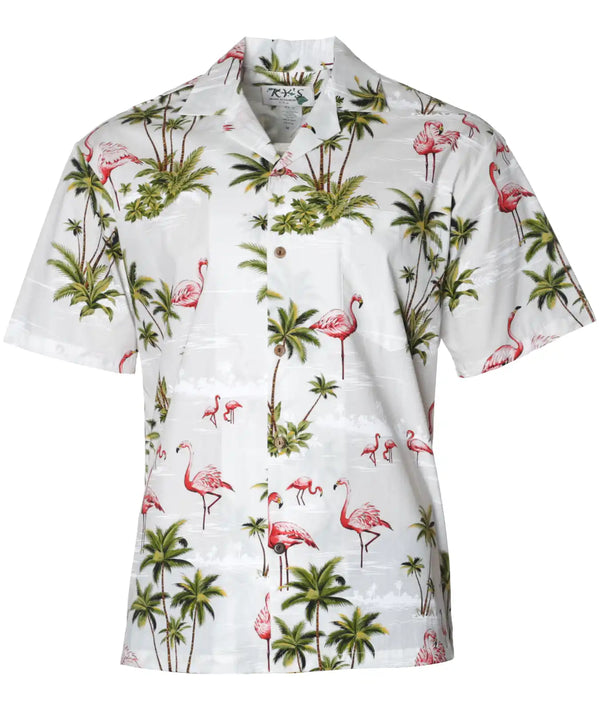 Hawaiian Shirt Flamingo Ohana White
