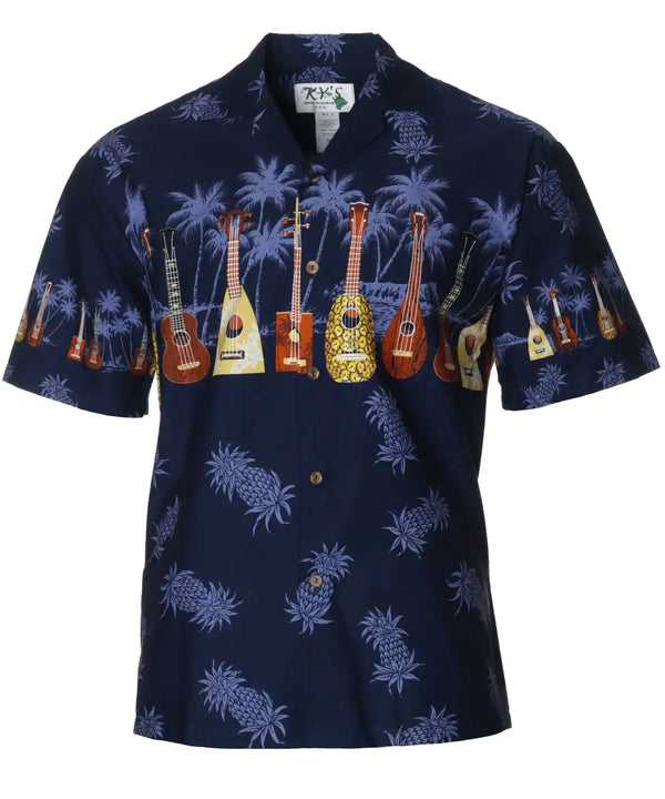 Island Ukulele Chest Border Hawaiian Shirt Navy
