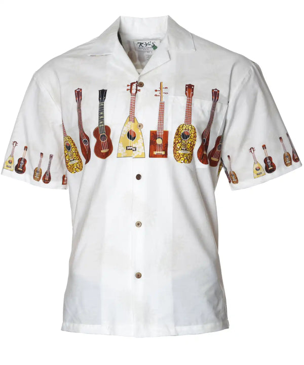 Island Ukulele Chest Border Hawaiian Shirt White