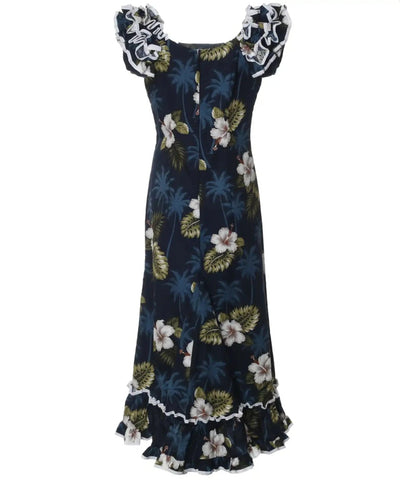 blue hawaiian print dresses Blue Hawaii Long Maxi Rayon Hawaiian Dress Blue / L