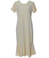Tea Length Silk Dress Tropical Palms with Sleeves Beige