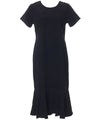 Tea Length Silk Dress Tropical Palms with Sleeves Black