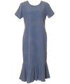 Tea Length Silk Dress Tropical Palms with Sleeves Blue