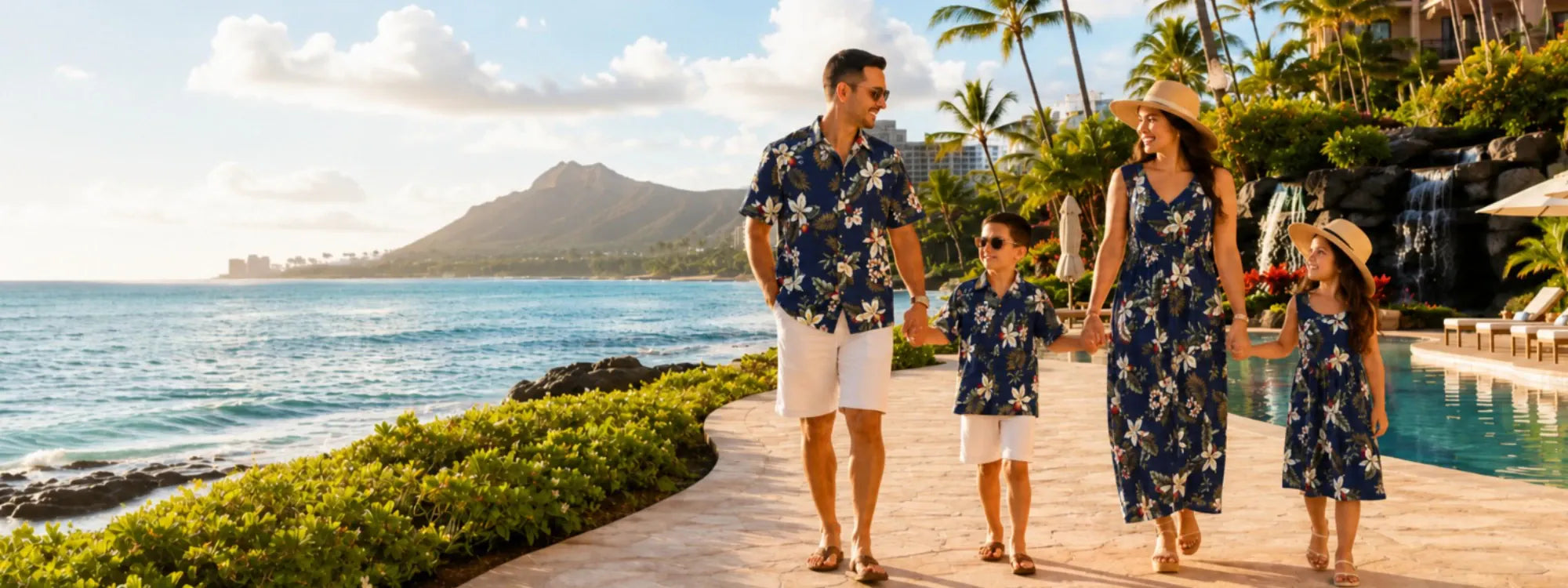 Matching Hawaiian outfits for parents, kids, and unforgettable island adventures.
