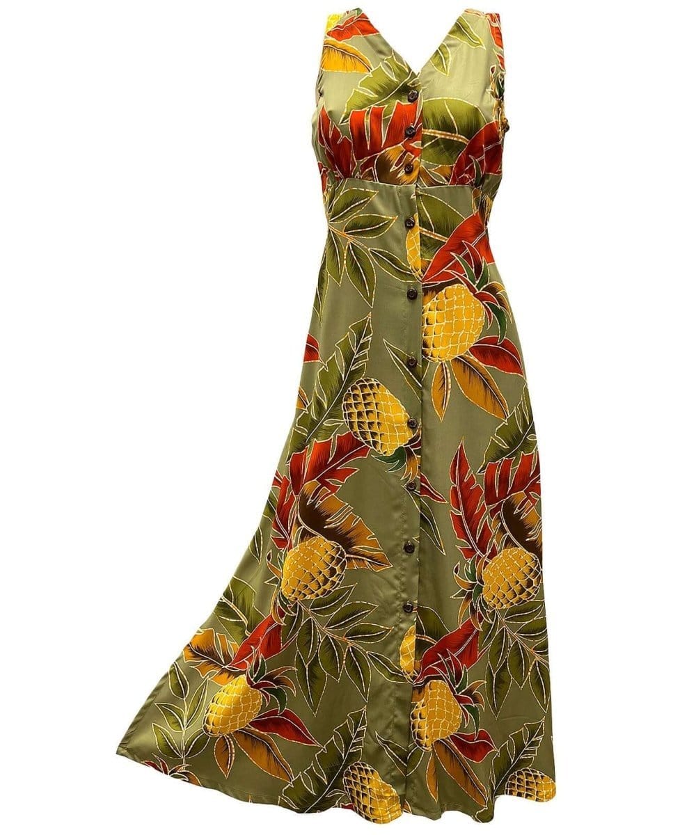 Retro Pineapples Long Maxi Cocktail Hawaiian Dress Olive / M Retro Pineapples Long Maxi Cocktail Hawaiian Dress Olive / M