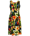 Midi Hawaiian Dress Bias Rayon Tropical Hibiscus & Plumeria Black