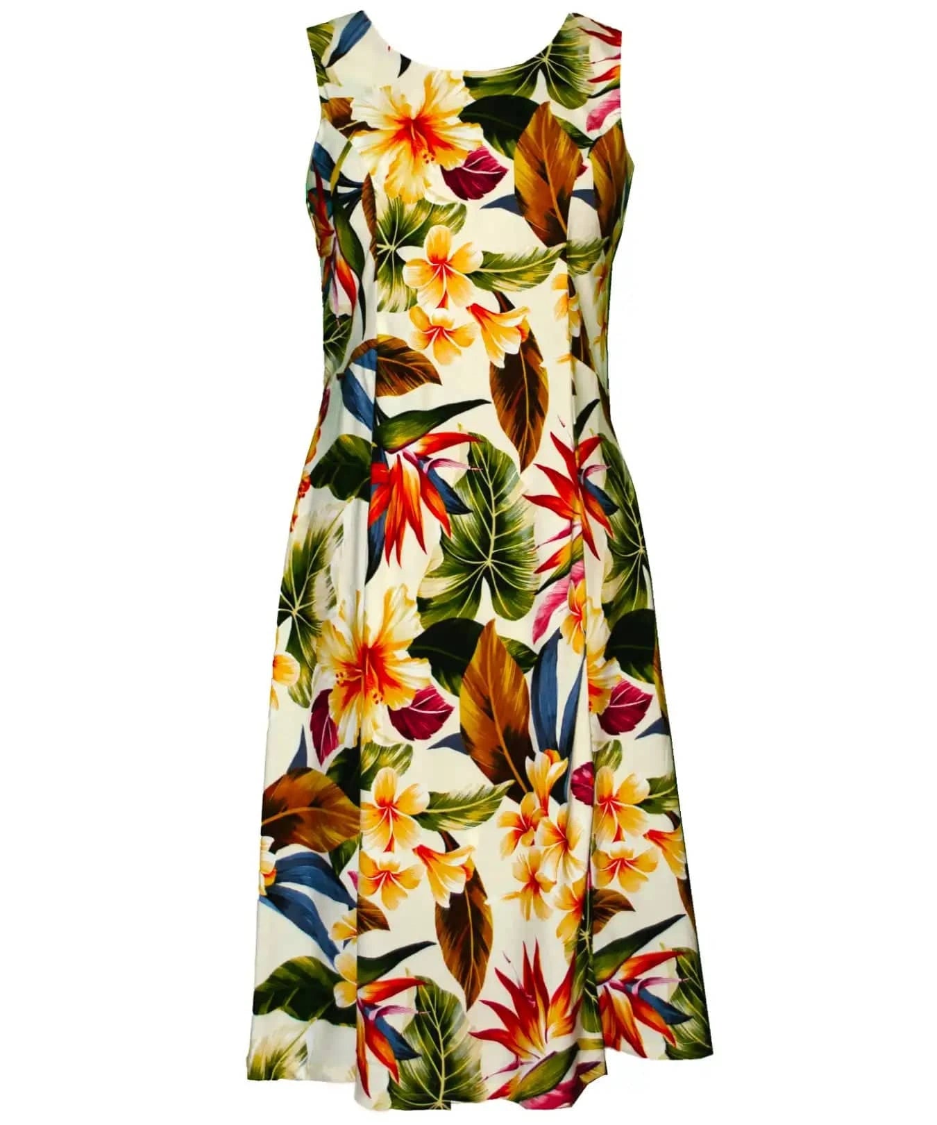 Midi Hawaiian Dress Bias Rayon Tropical Hibiscus & Plumeria Cream / XL Midi Hawaiian Dress Bias Rayon Tropical Hibiscus & Plumeria Cream / XL