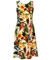 Midi Hawaiian Dress Bias Rayon Tropical Hibiscus & Plumeria Cream