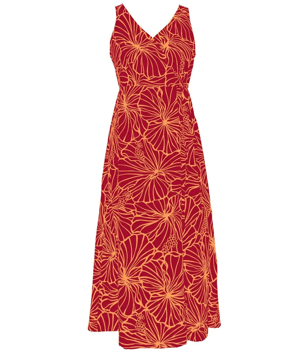 Gala Hibiscus Empire Waist Tea Length Hawaiian Dress