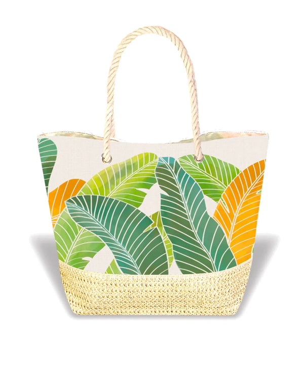 Tropical Leaves Large Tote Straw Bag Green