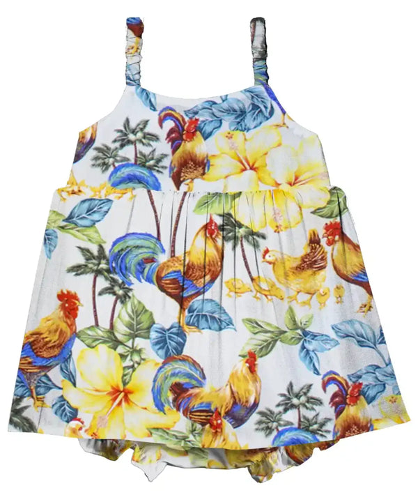 Baby Girl Bungee Dress Set Roosters Up White