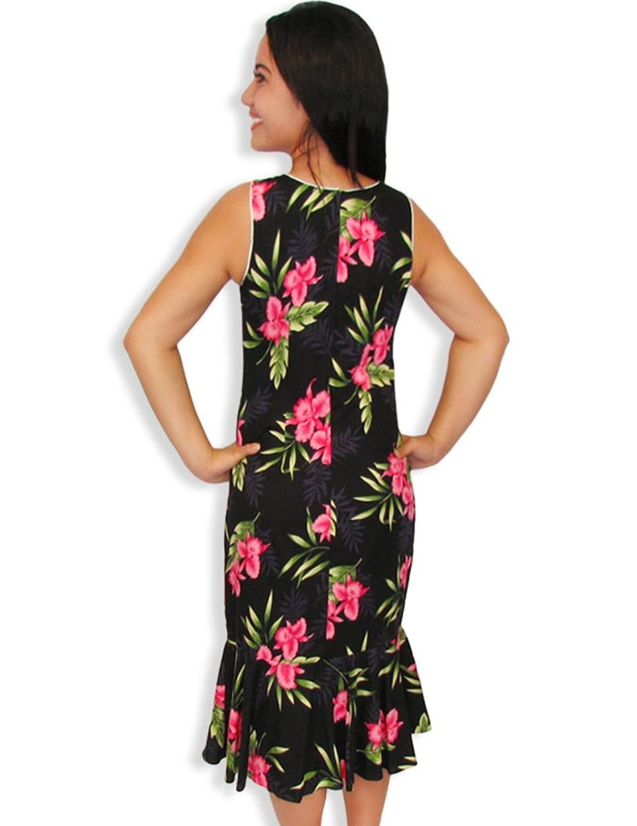Black Hawaiian Dress Midi Style Sleeveless Okalani Black / XS Black Hawaiian Dress Midi Style Sleeveless Okalani Black / XS