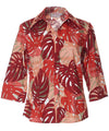 Women's Aloha Shirt Blouse 3/4 Sleeves Monstera Red Mae Young Designs