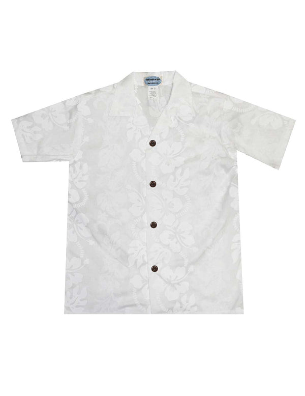 Boys Hawaiian Shirt White Hibiscus Leis White KY