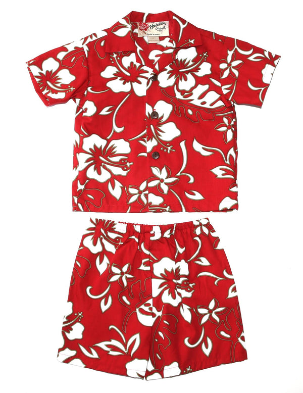 Classic Hibiscus Pareo Boy's 2 Piece Cabana Set or Shirt Red
