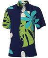 Button Up Rayon Hawaiian Shirt Tiare Monstera Navy