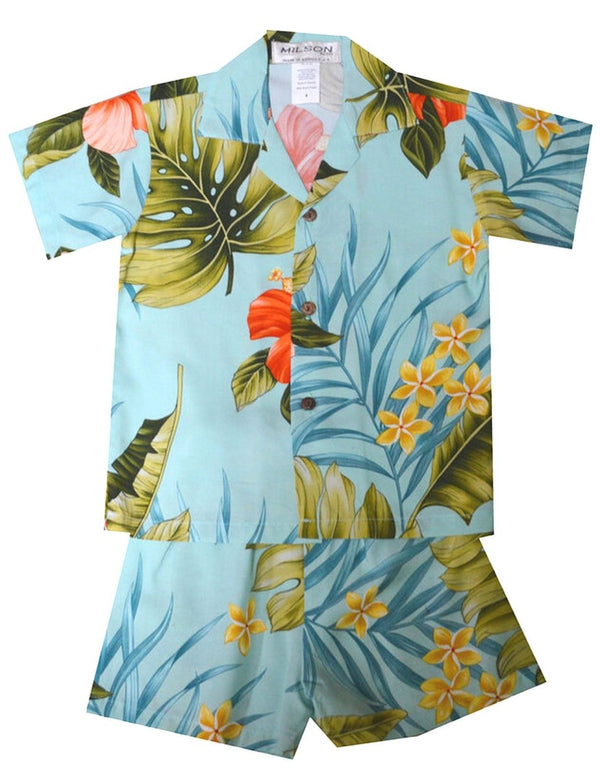 Cabana Set Toddler Boy's Hawaiian Shirt Waipio Hibiscus Aqua KY