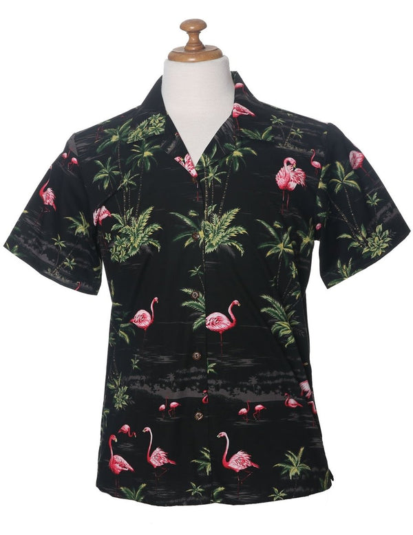 Camp Women's Hawaiian Shirt Flamingo Ohana Black KY