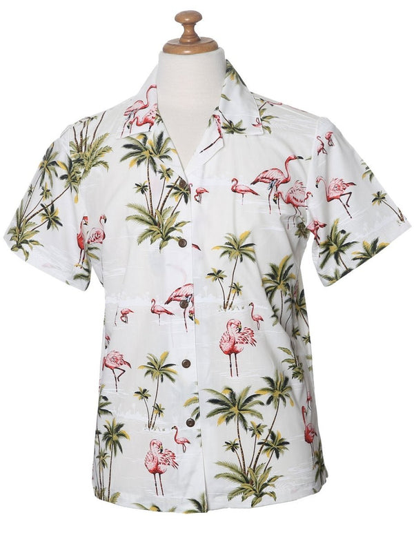 Camp Women's Hawaiian Shirt Flamingo Ohana White KY