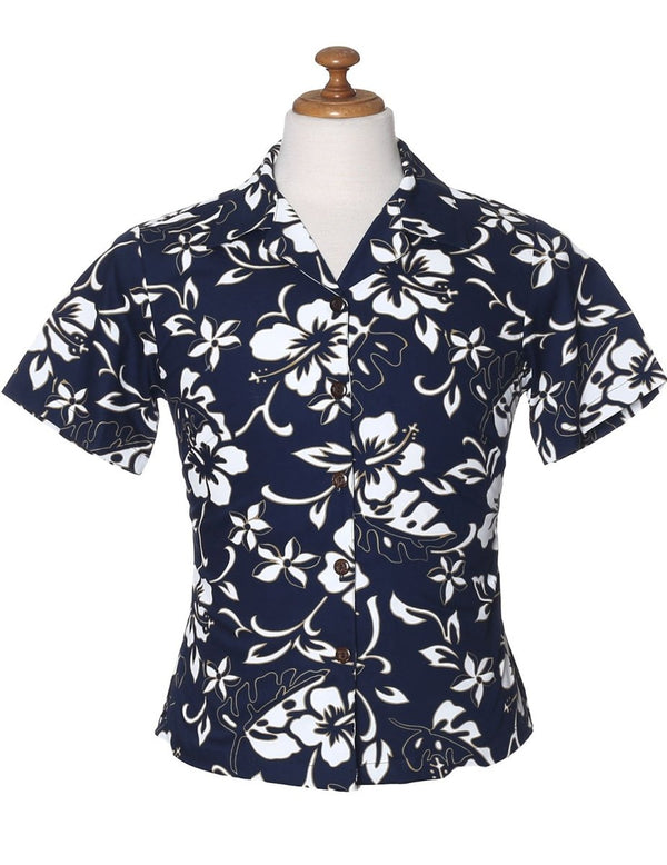 Classic Hibiscus Pareo Camp Shirt for Women Navy