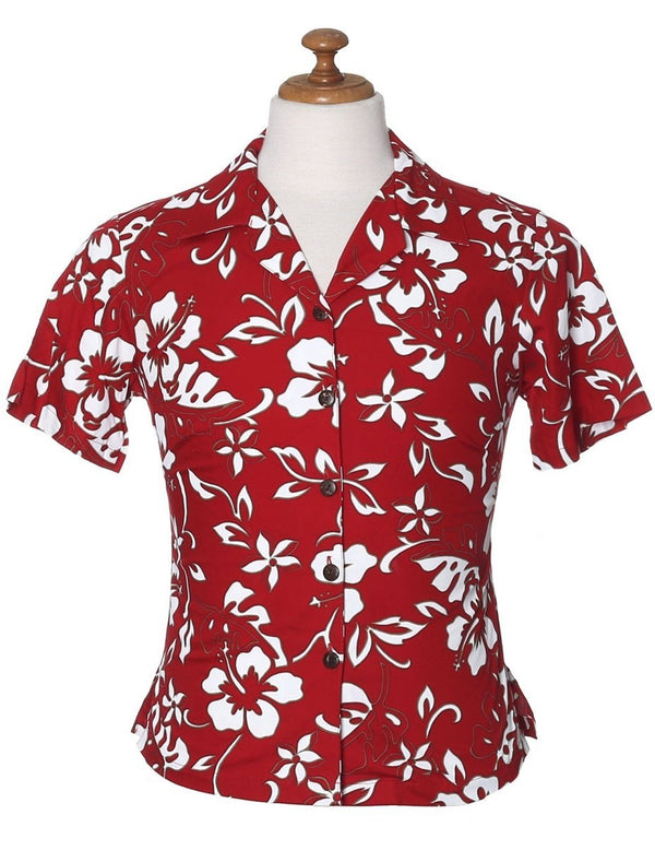 Classic Hibiscus Pareo Camp Shirt for Women Red