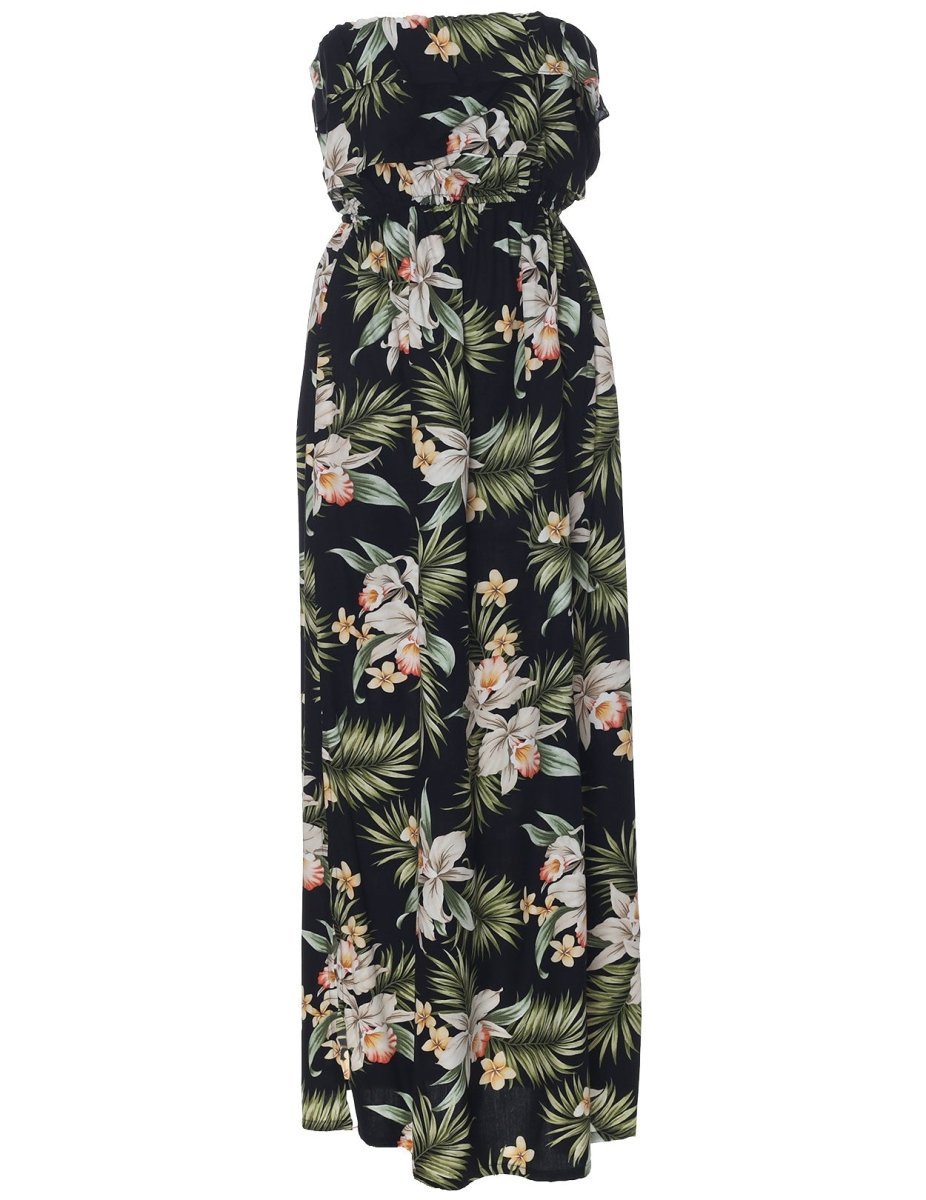 Classic Orchids Maxi Strapless Ruffle Overlay Hawaiian Dress