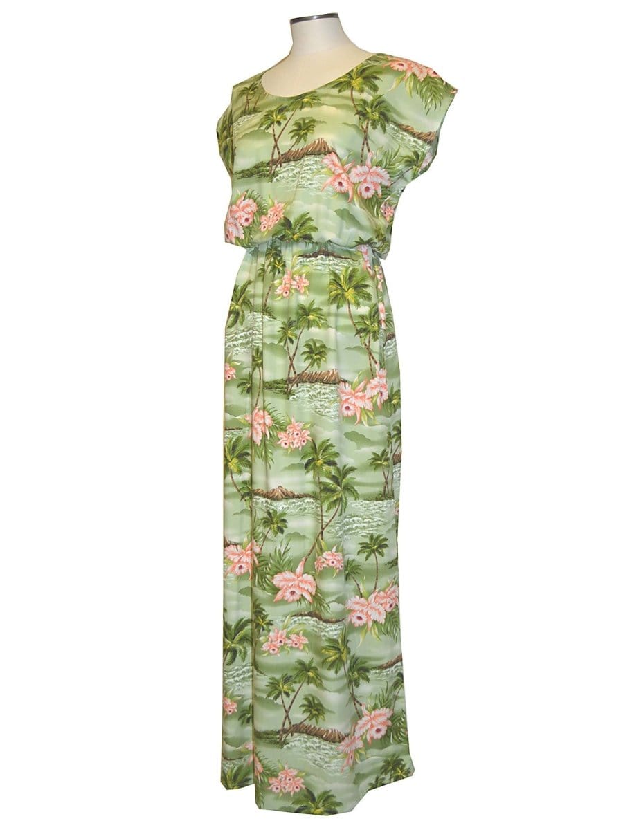 Diamond Head Hawaii Full Length Rayon Dress Cap Sleeves Green / XS Diamond Head Hawaii Full Length Rayon Dress Cap Sleeves Green / XS