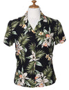 Classic Orchids Rayon Hawaiian Womens Blouse Black KY