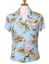 Classic Orchids Rayon Hawaiian Womens Blouse Sky Blue KY