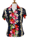 Plumeria Orchid Panel Hawaiian Fitted Blouse Navy